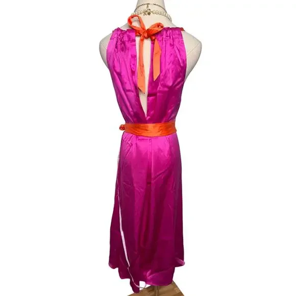 Cynthia Rowley Salerno Silk Halter Midi Dress hot pink orange flowy size S